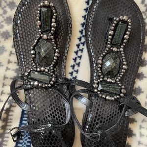 Leather black sandals with black stones